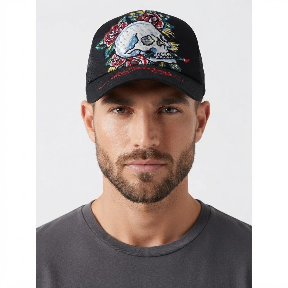 Ed Hardy Skull Rose Rhinestone Trucker Hat Black Mesh Back Embroidered Y2K
